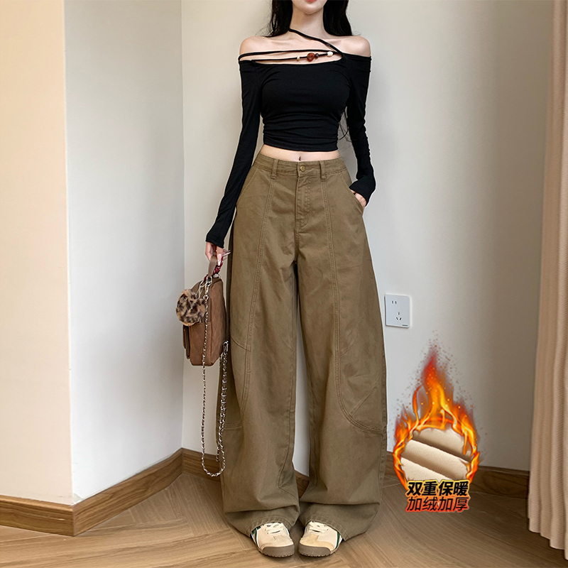 卡其弯刀垂感阔腿裤女