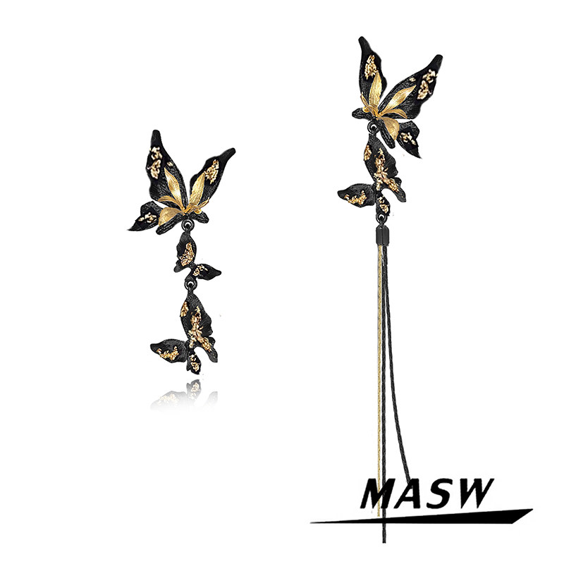 MASW麻秀原创设计蝶舞系列轻奢精致不对称耳环黑金蝴蝶流苏耳饰女