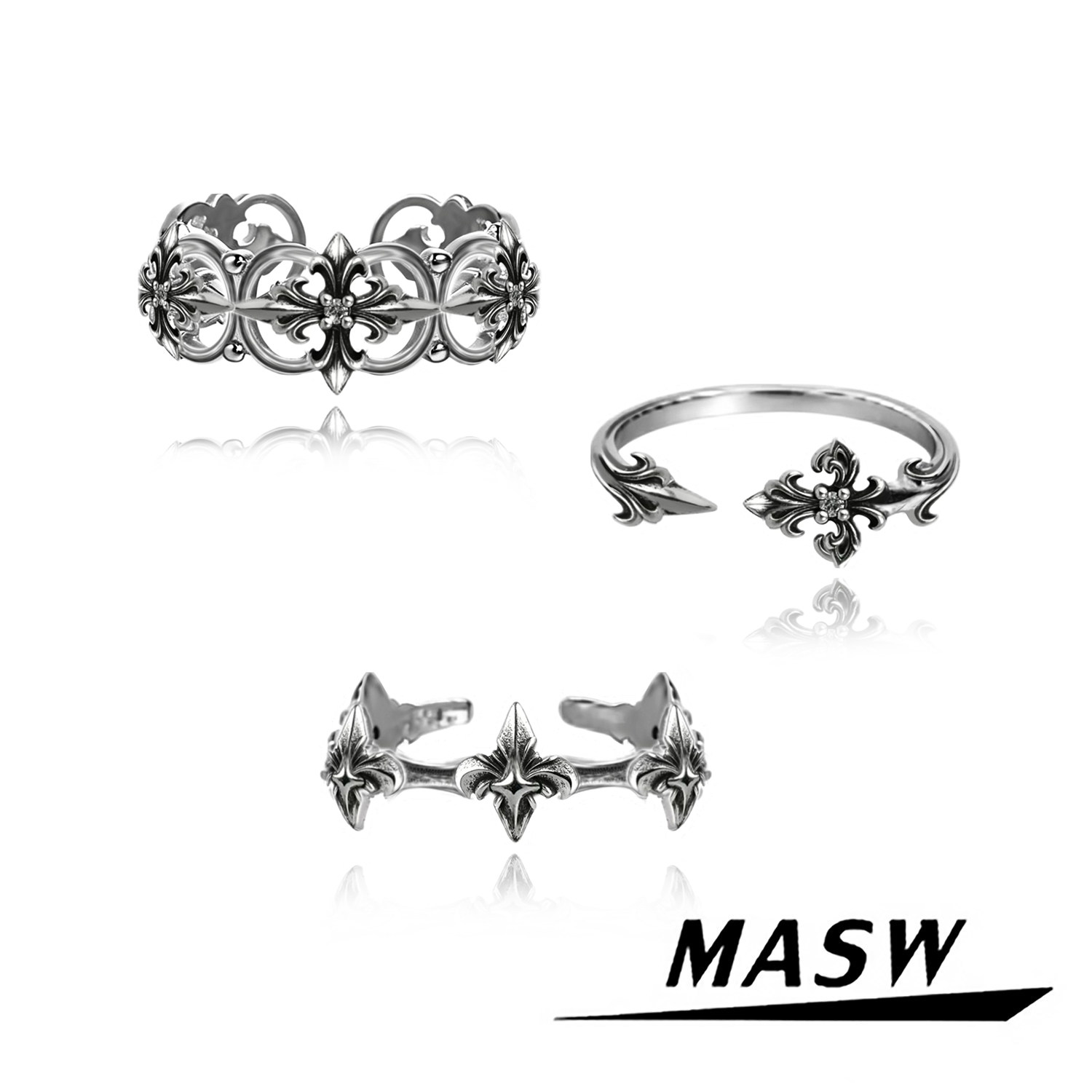 MASW麻秀原创痞帅朋克风做旧鸢尾花戒指小众冷淡风开口十字架尾戒