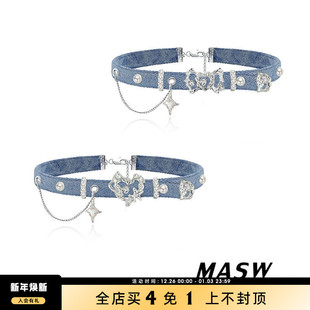 MASW麻秀原创设计丹宁牛仔系列高级感爱心颈链复古蓝choker锁骨链