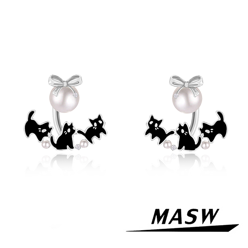 MASW麻秀黑色猫咪珍珠可爱耳钉