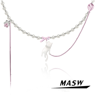 MASW麻秀原创设计喵系列蝴蝶结气球猫项链甜酷风可爱流苏锁骨链夏