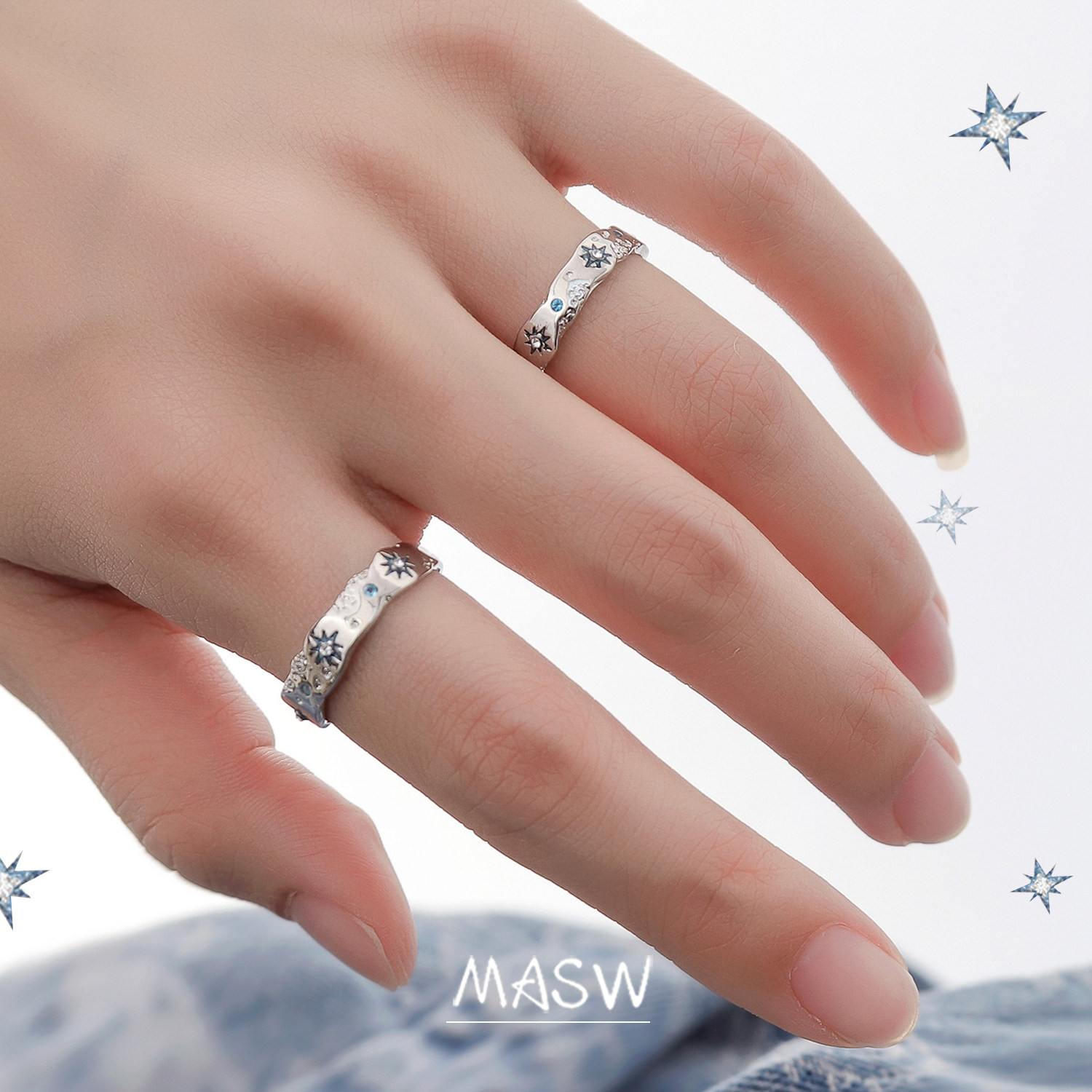 MASW麻秀原创设计星星相吸高级感冷淡风蓝色食指戒精致情侣戒指新