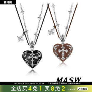 MASW麻秀原創(chuàng)設計神圣契約黑色愛心十字項鏈小眾雙層疊戴鎖骨鏈潮