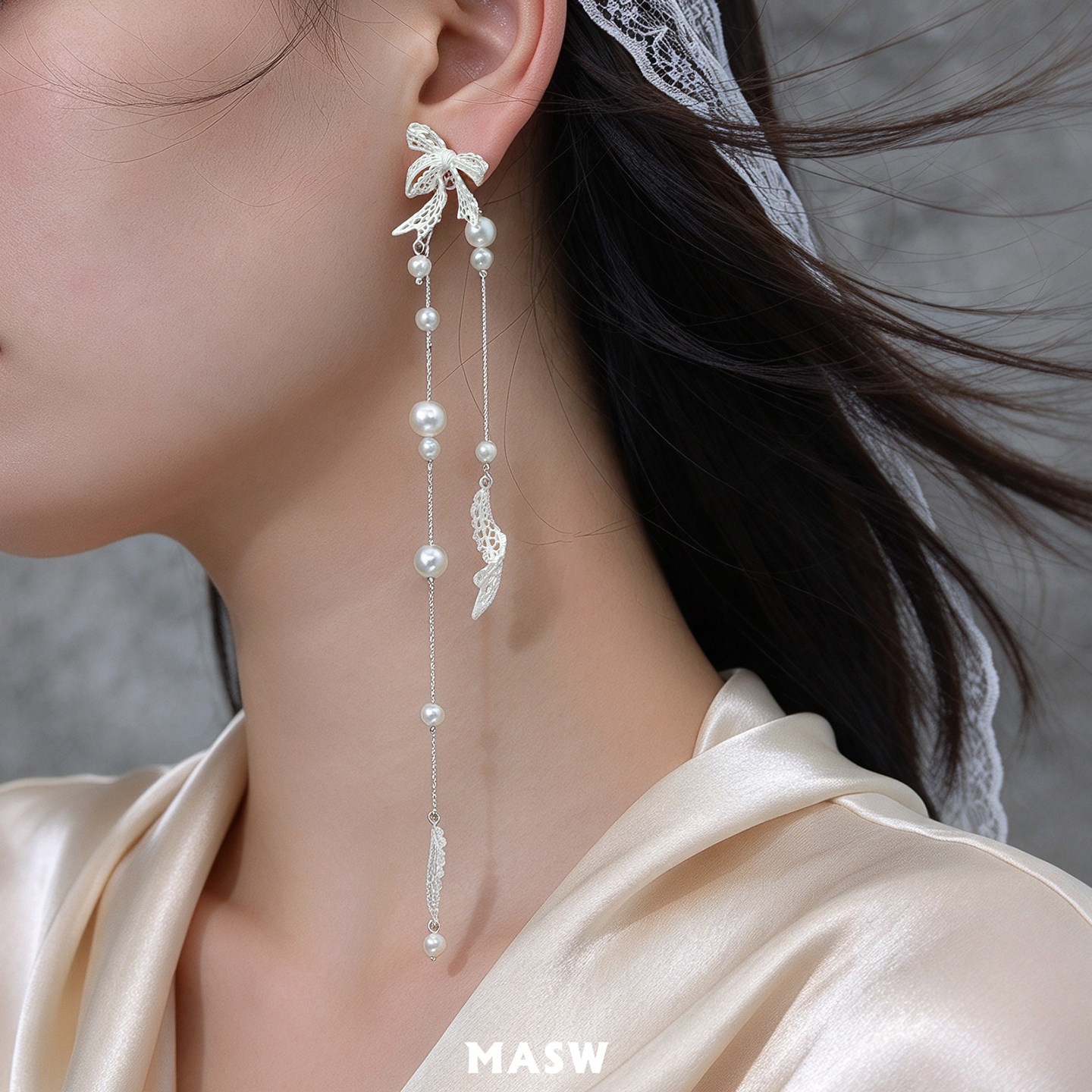 MASW麻秀原创超仙蕾丝蝴蝶结珍珠耳钉高级感喷沙质感长款流苏耳环