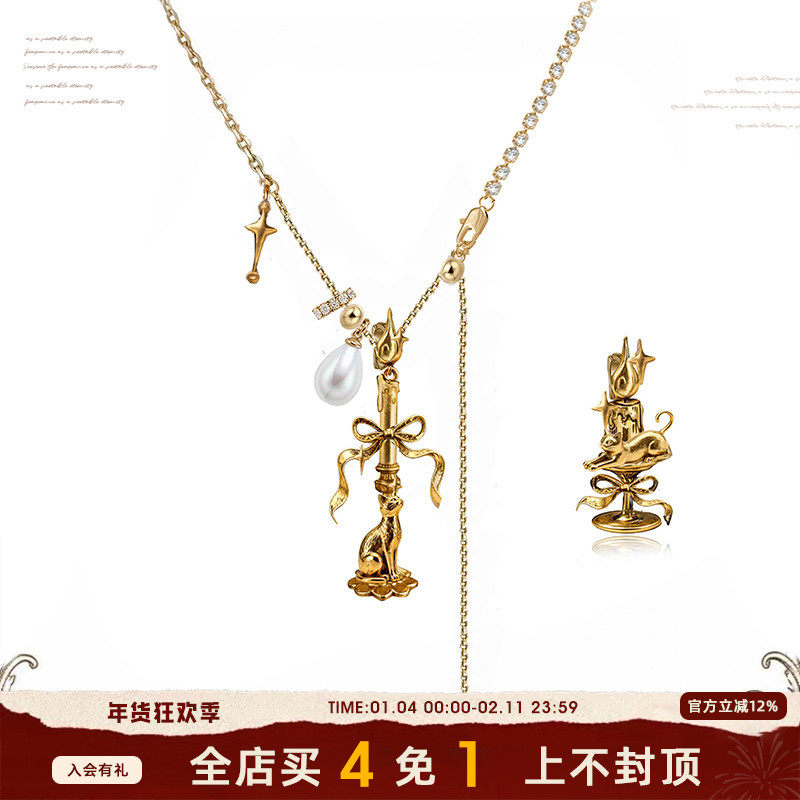 MASW麻秀原创设计怀旧复古创意烛台猫咪项链气质金属珍珠毛衣链新,饰品/流行首饰/时尚饰品新,项链,淘宝优惠券,粉丝福利购,淘宝优惠卷