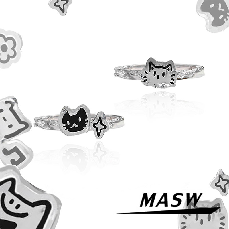 MASW麻秀原创设计925纯银猫咪交响乐涂鸦戒指创意卡通新款食指戒