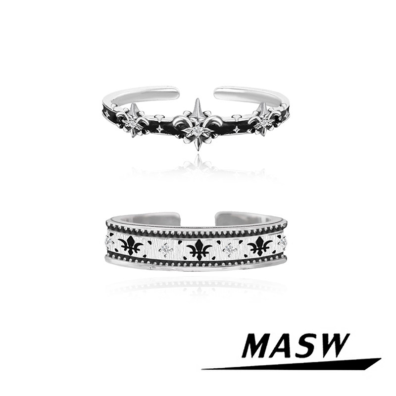 MASW麻秀原创复古轻奢鸢尾花手绘珐琅冷淡风小众百搭开口情侣戒指