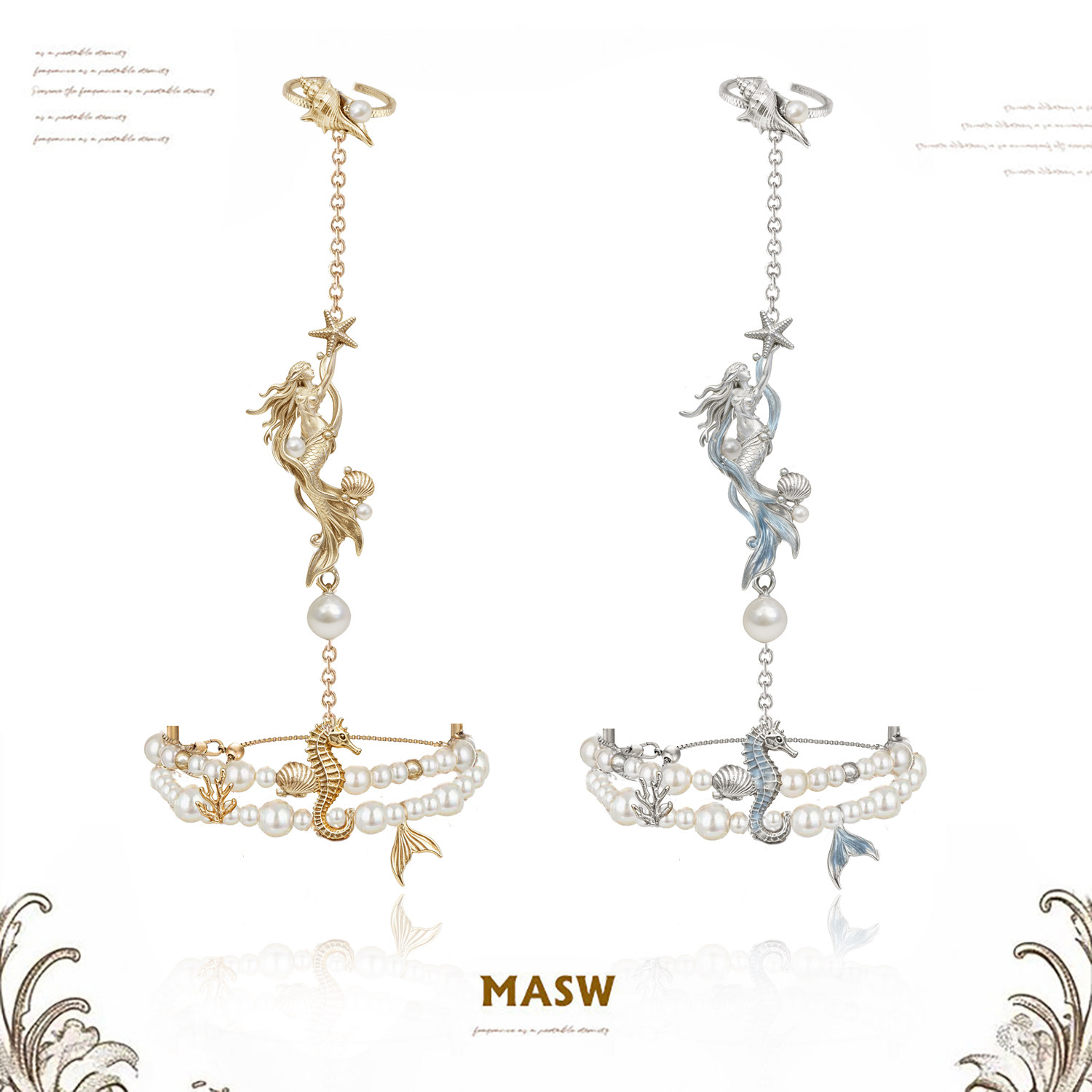 MASW麻秀原创设计轻奢珍珠戒指一体手链甜酷深海传说美人鱼手环女