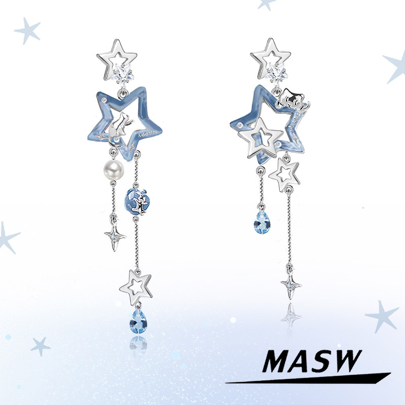 MASW麻秀原创设计喵系列轻奢蓝色星星猫猫耳环小众高级感流苏耳饰