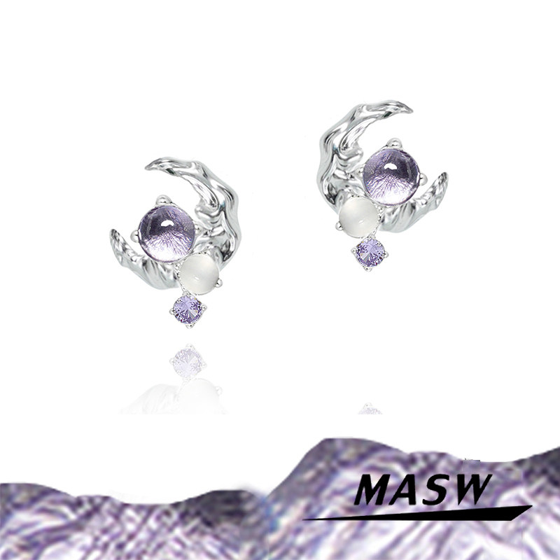 MASW麻秀原创设计星空紫轻奢紫色月亮耳钉高级感小众银针耳饰女潮