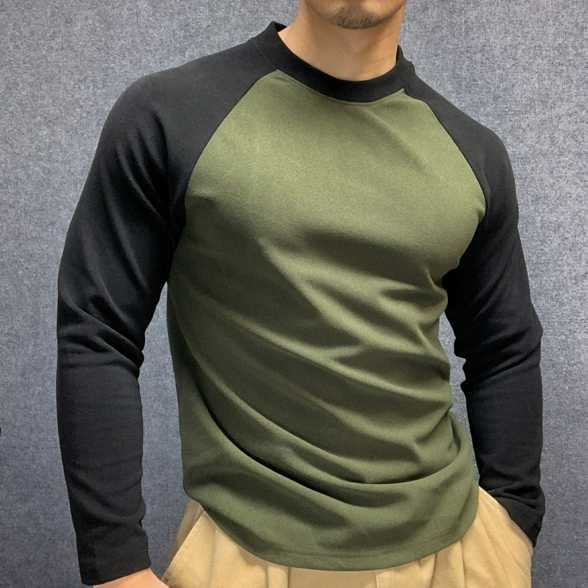 秋季德绒长袖T恤男士插肩袖流行保暖潮牌休闲套头抓绒打底衫上衣