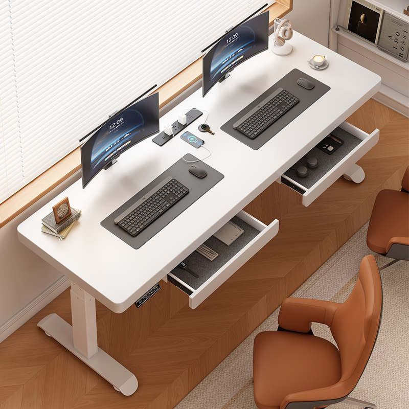 实木手动电动可升降电脑桌子台式卧室家用学习办公工作台双人书桌