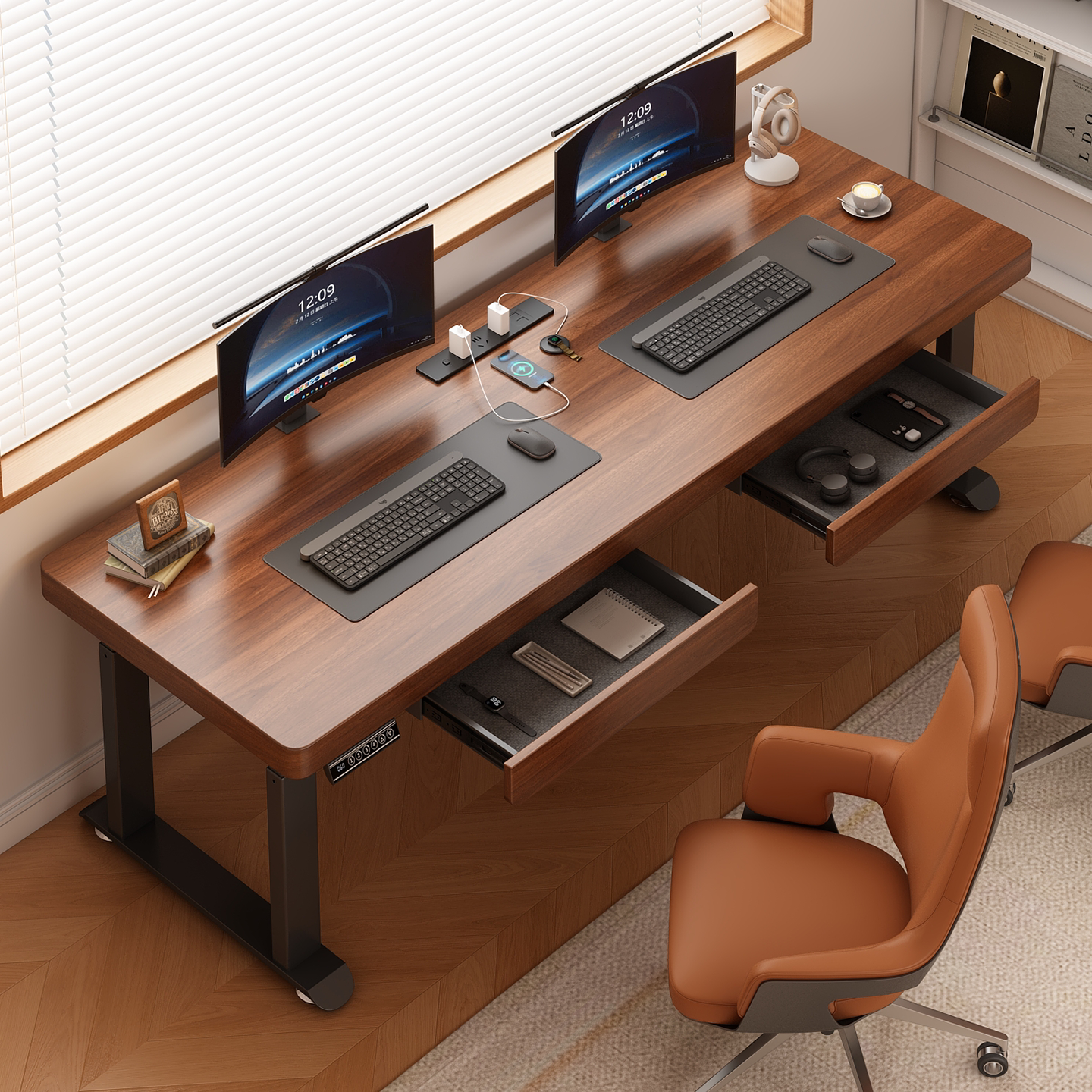 实木电动升降电脑桌智能电竞桌家用带抽屉办公桌四立柱书桌学习桌