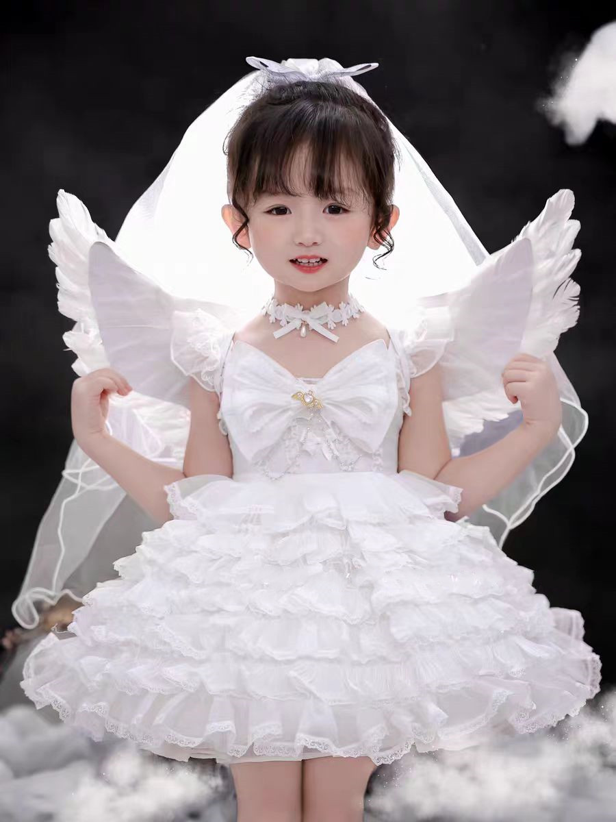 女童天使蛋糕裙白色高级礼服生日洛丽塔公主裙婚纱花童短袖连衣裙
