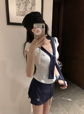 NAYA CHAN 夏日通勤漂亮减龄小上衣海军领刺绣字母白色短袖T恤女