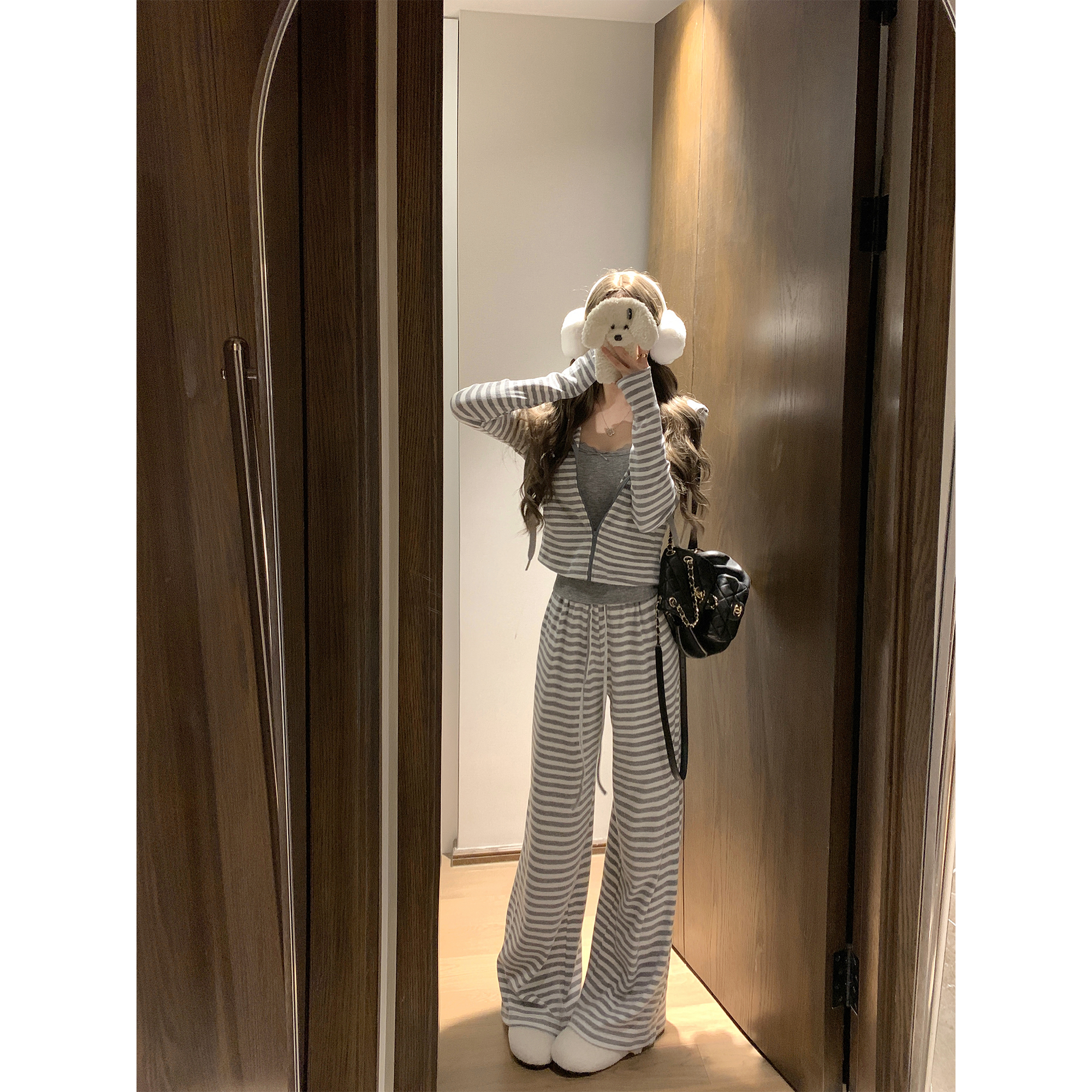 条纹针织外套长裤两件套