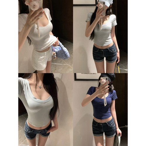 深v领短款短袖女t恤2025新款
