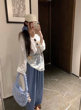 NAYA CHAN 白色长袖防晒空调罩衫女夏季薄款可爱印花宽松长袖T恤