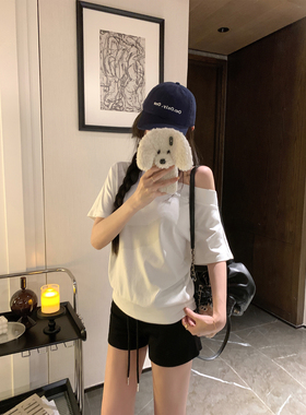 NAYA CHAN 白色斜肩露肩短袖T恤女夏季宽松显瘦黑色一字肩上衣