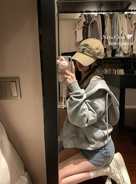 NAYA CHAN 美式女高灰色连帽拉链短款卫衣女春秋宽松百搭开衫外套