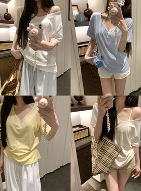 NAYA CHAN 夏季软糯V领白色短袖t恤女2025新款宽松减龄薄款上衣