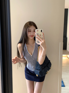 NAYA CHAN格纹蕾丝背心女夏外穿蓝色短款无袖纯欲V领性感修身上衣