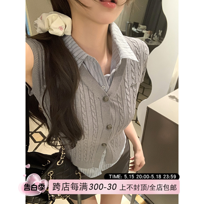 NAYA CHAN 学院风短袖衬衣女夏季新款短款修身显瘦针织假两件上衣