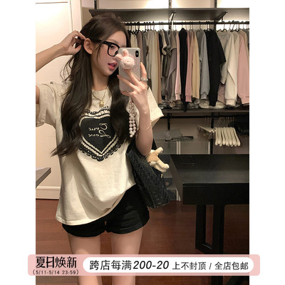 NAYA CHAN 心动情书 爱心印花杂色点点宽松短袖大T恤女夏休闲上衣