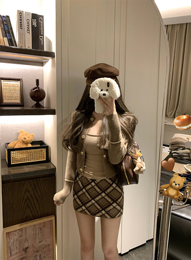 NAYA CHAN 单排扣针织开衫女秋格纹半身短裙毛织两件套学院风套装