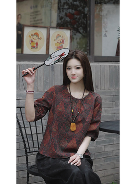 【林典】新中式国风印花圆领妈妈装上衣T恤606-1