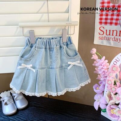 Girls' Summer 2025 New Denim Short Skirt Fashion Bow Lace La