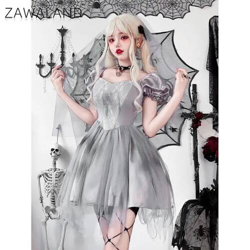 Halloween Ghost Bride Costume Women Gothic Grey Tulle Dress