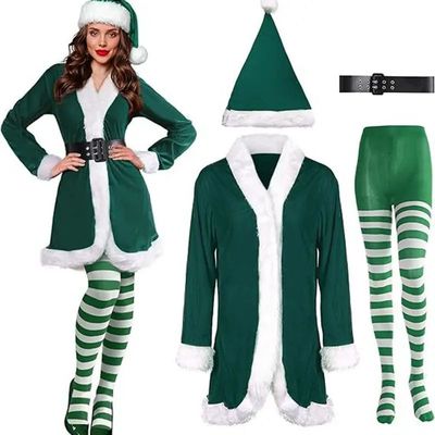 Girls Elf Costume Set 4 Pieces Plush Christmas Dress Hat Bel