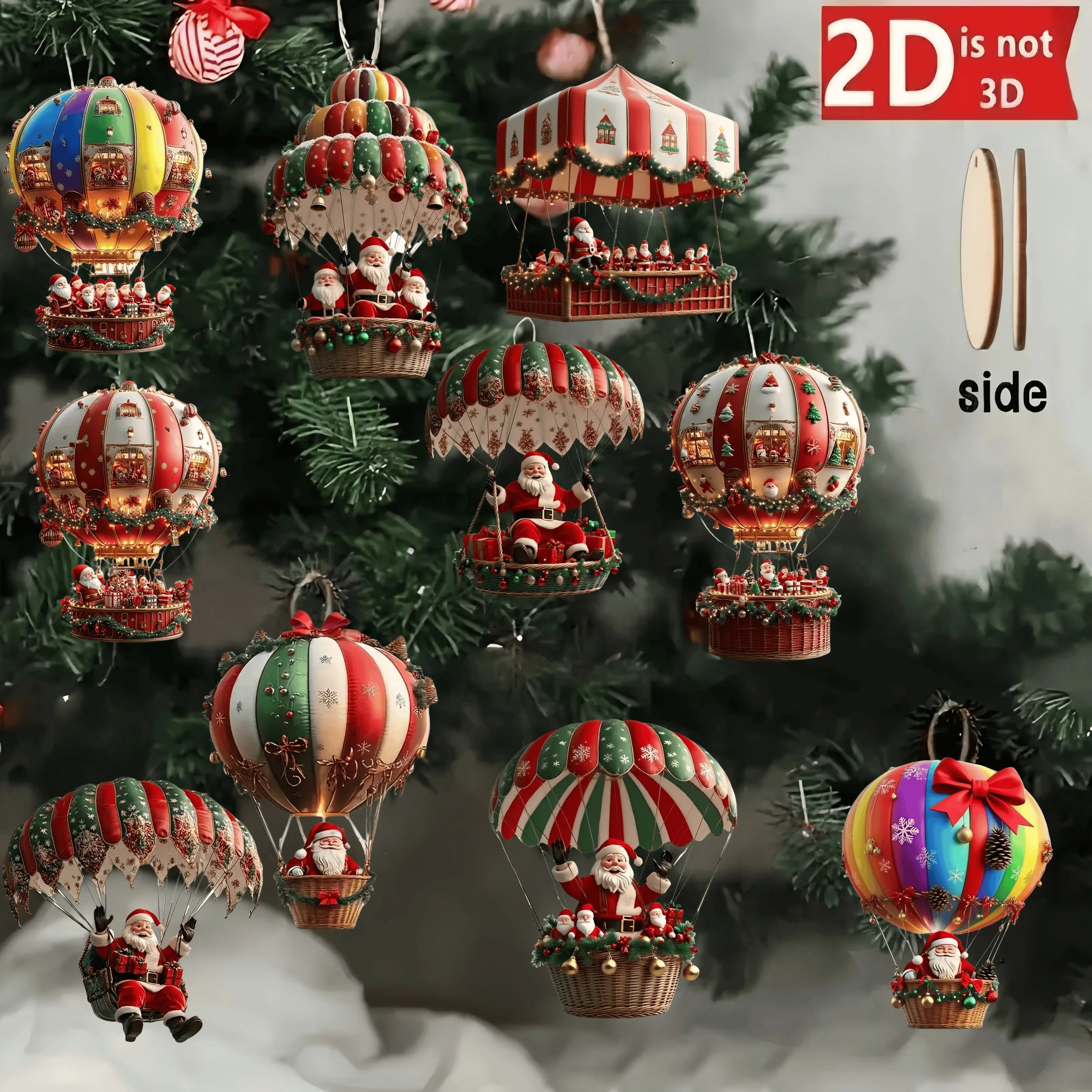 10Pcs Christmas Wooden Hot Air Balloon Santa Claus 2D Flat W