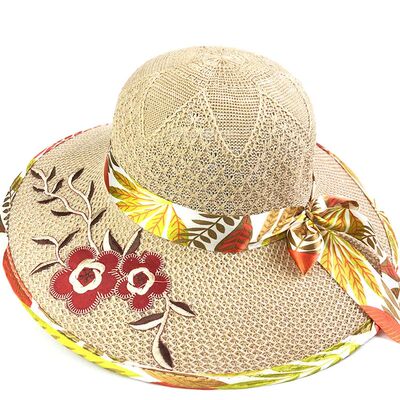 Summer Women Flower Embroidery Hat Wide Brim Satin ribbon Bo
