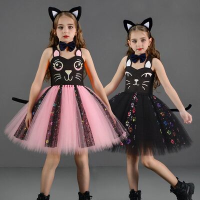 Pink Black Cat Tutu Dress for Baby Girls Halloween Dress up