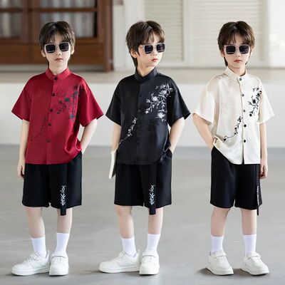 Boys' New Chinese Style Summer Set Traditional Bamboo Print