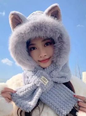 Winter Fox Ear Hat Scarf Set Thickened Plush Ear Protection
