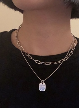 双层叠戴方牌嘻哈风饰品锁骨链
