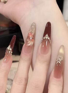 【锦鲤纳福】新款纯手工酒红法式猫眼美甲显白千金高级气质穿戴甲