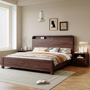 新中式黑胡桃木实木床2米x2米2大床现代简约主卧1米8双人床头储物