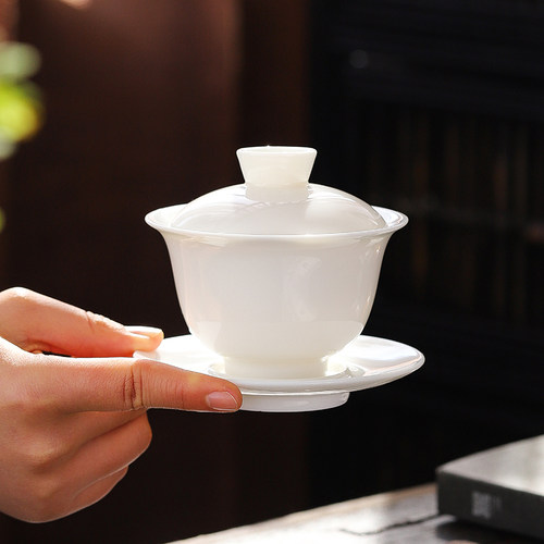 言造羊脂玉白瓷三才盖碗