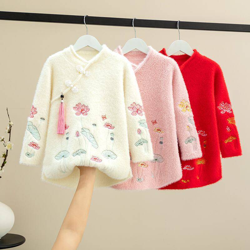 女童汉服秋冬加绒旗袍裙子新款洋气儿童连衣裙国风宝宝水貂绒毛衣