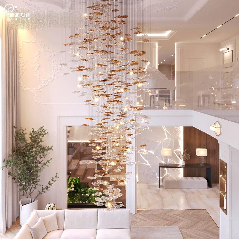 别墅复式楼大挑空客厅吊灯会所酒店大堂创意玻璃叶片楼梯灯长吊灯