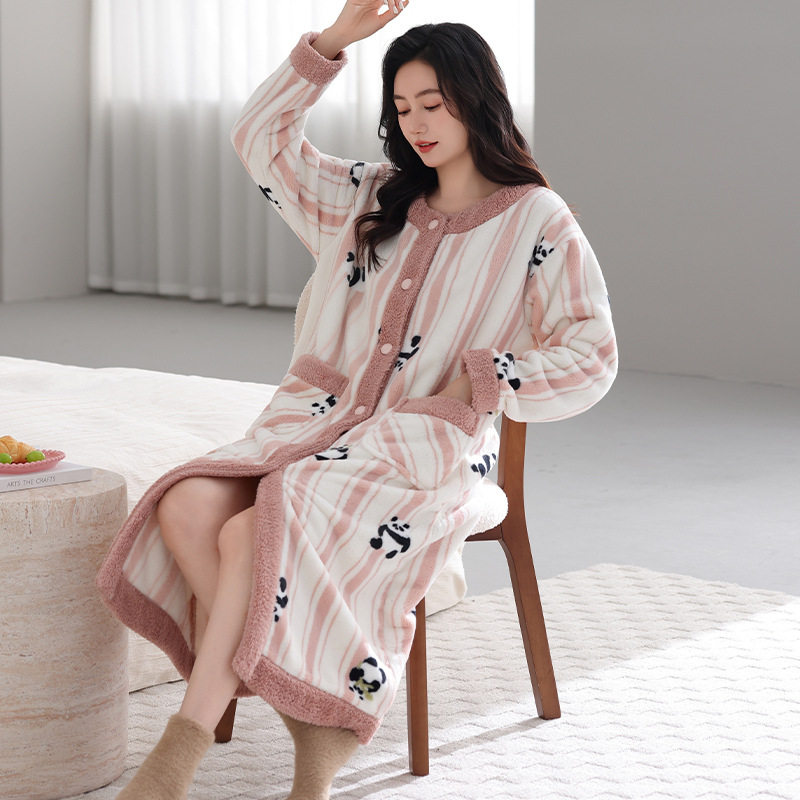 秋冬季睡裙女款法兰绒开衫加厚加绒保暖睡衣可爱可外穿休闲家居服