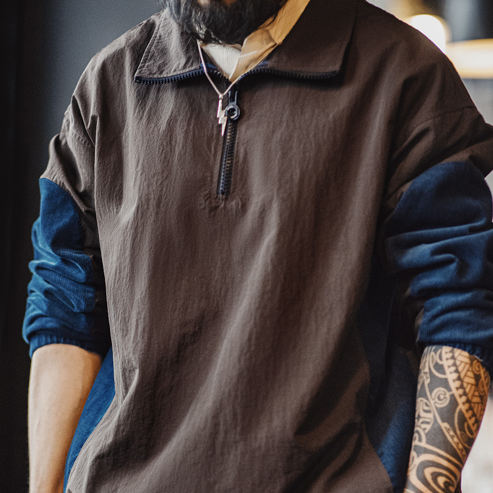 马登工装美式复古拼接半拉链夹克