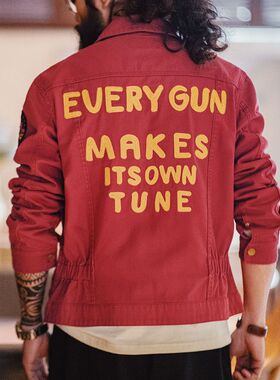 马登工装美式复古重工刺绣冠军夹克vintage红色修身帆布外套男春