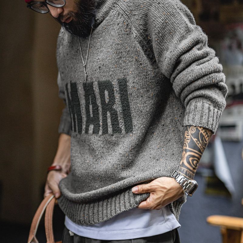 马登工装美式复古灰色提花毛衣立领垂感套头针织衫保暖外套男秋冬