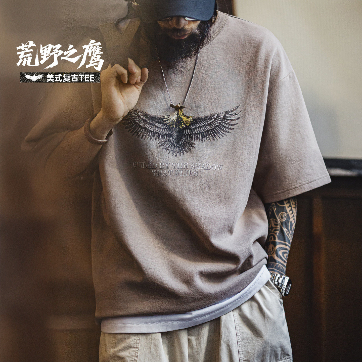 马登工装 美式复古设计感猎鹰印花短袖圆领纯棉t恤痞帅少年感男夏